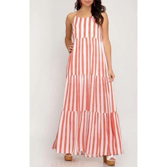 She‎ + Sky Womens Striped Adjustable Strap Tiered Maxi Dress White Coral Medium - Picture 1 of 9